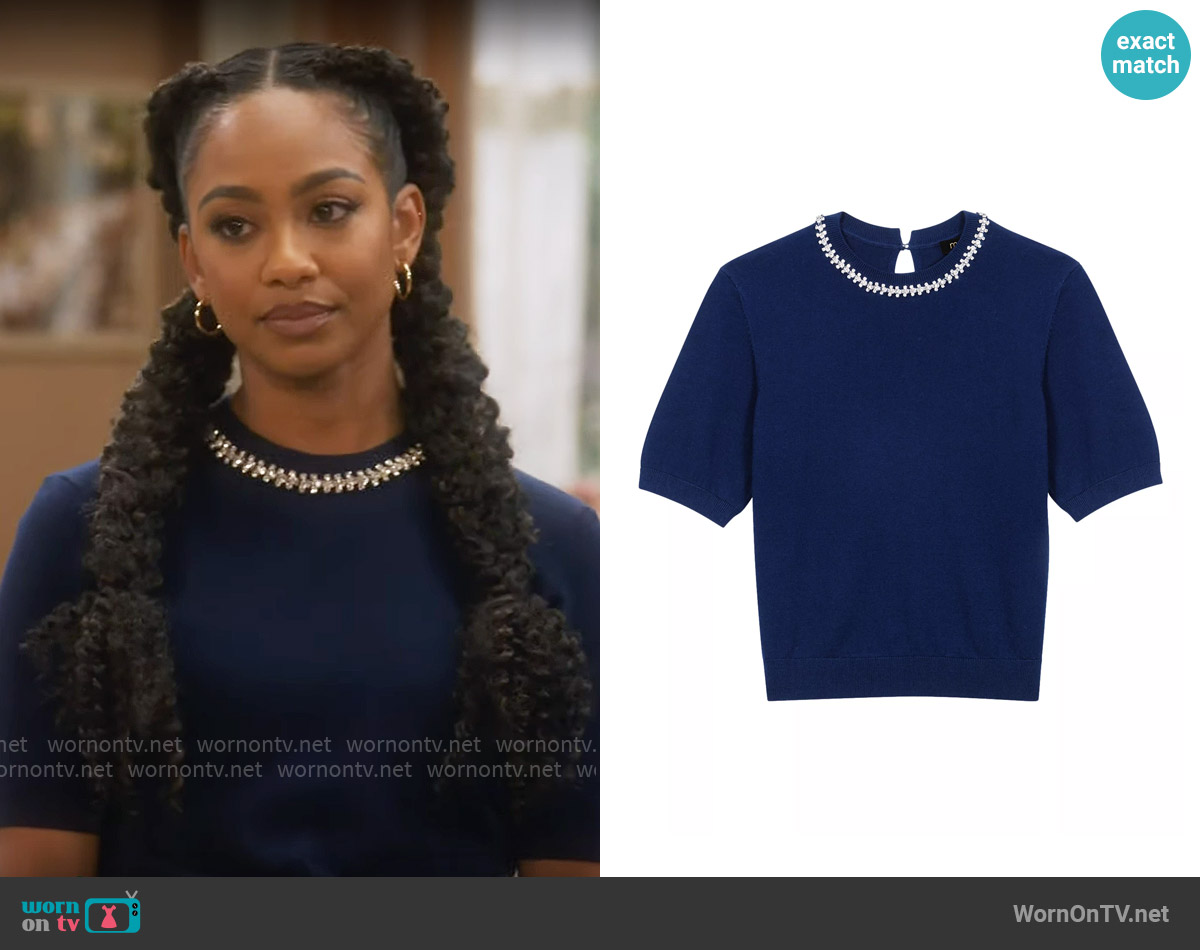 Maje Knit Crop Jumper with Rhinestones worn by Nina (Tetona Jackson) on Poppas House