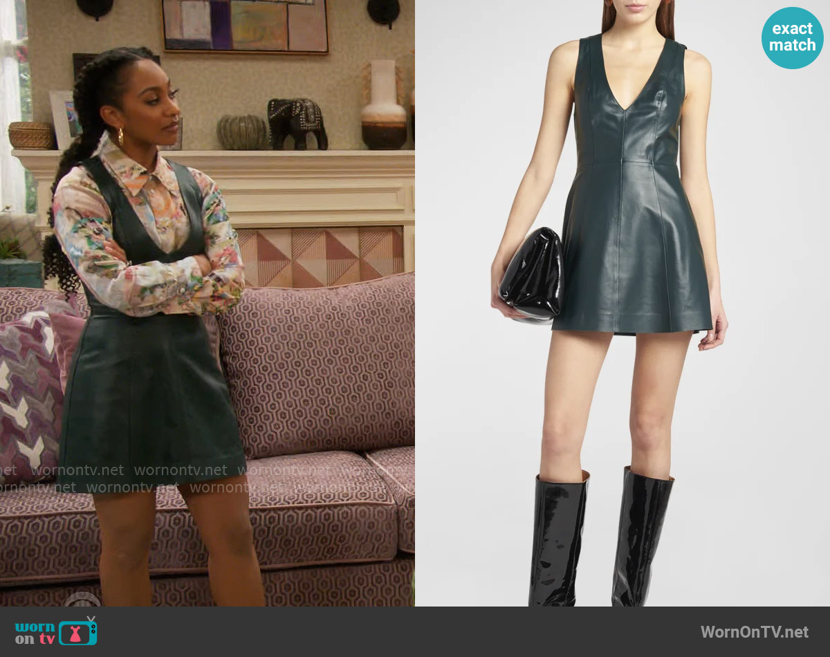 Marni Fit-Flare Leather Mini Dress worn by Nina (Tetona Jackson) on Poppas House
