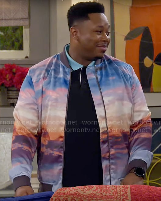 Marty’s sunset print bomber jacket on The Neighborhood
