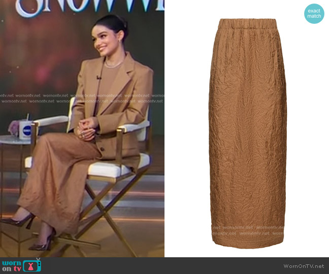 Max Mara Aeroso Silk Long Skirt in Camel worn by Rachel Zegler on Good Morning America