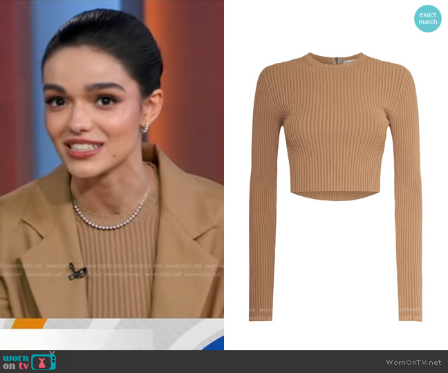 Max Mara Arcella Stretch Viscose Crepe Rib Top in Siena worn by Rachel Zegler on Good Morning America