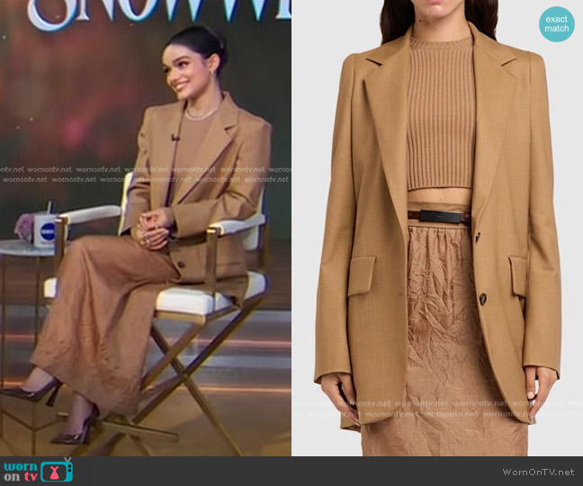 Max Mara Kitten Single Breast Blazer in Camel worn by Rachel Zegler on Good Morning America