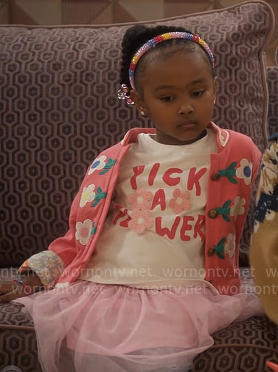 Maya’s Pick A Flower t-shirt and pink jacket on Poppas House