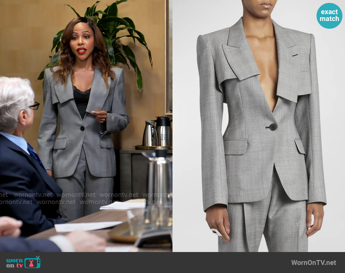McQueen Asymmetric Layered Single-Breasted Blazer Jacket worn by Andrea Barnes (Kj Smith) on Tyler Perrys Sistas