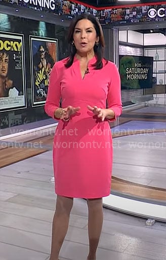 Meg Oliver’s pink split-neck dress on CBS Mornings