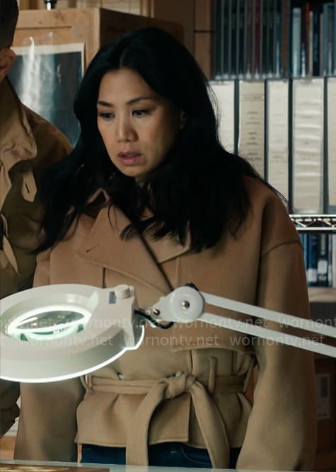 Mel’s camel belted jacket on The Equalizer