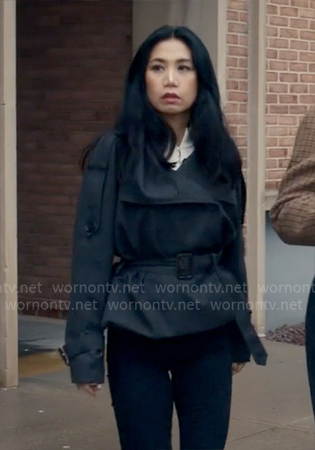 Mel’s grey belted jacket on The Equalizer