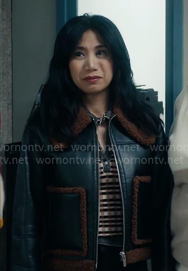 Mel’s leather jacket with brown fur details on The Equalizer