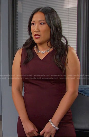 Melinda’s burgundy v-neck sleeveless dress on Days of our Lives