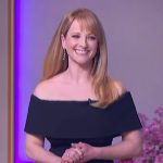 Melissa Rauch’s black off shoulder mini dress on The Jennifer Hudson Show