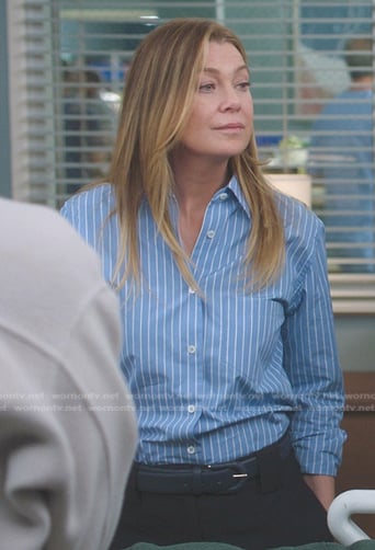 Meredith’s blue striped button down shirt on Greys Anatomy