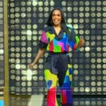 Michelle Williams’s colorblock top and pants on Tamron Hall Show