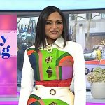 Mindy Kaling’s print cropped jacket and mini skirt on Today