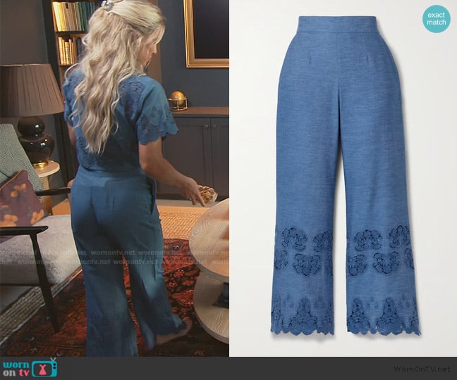 Miguelina Alegra scalloped guipure lace-trimmed cotton-chambray flared pants worn by Madison LeCroy on Southern Charm