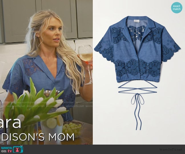Miguelina Brooklyn guipure lace-trimmed cotton-chambray wrap top worn by Madison LeCroy on Southern Charm
