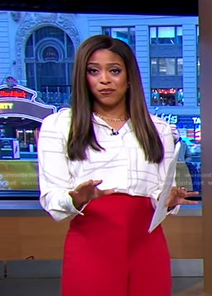 Morgan’s white abstract print shirt on Good Morning America