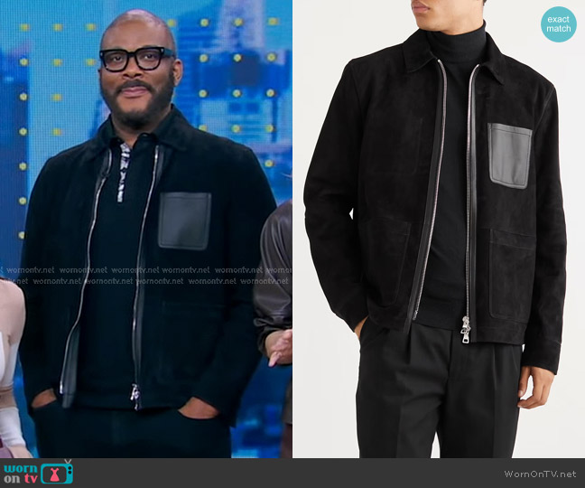 Mr P. Leather-Trimmed Suede Jacket in Black worn by Tyler Perry on Good Morning America