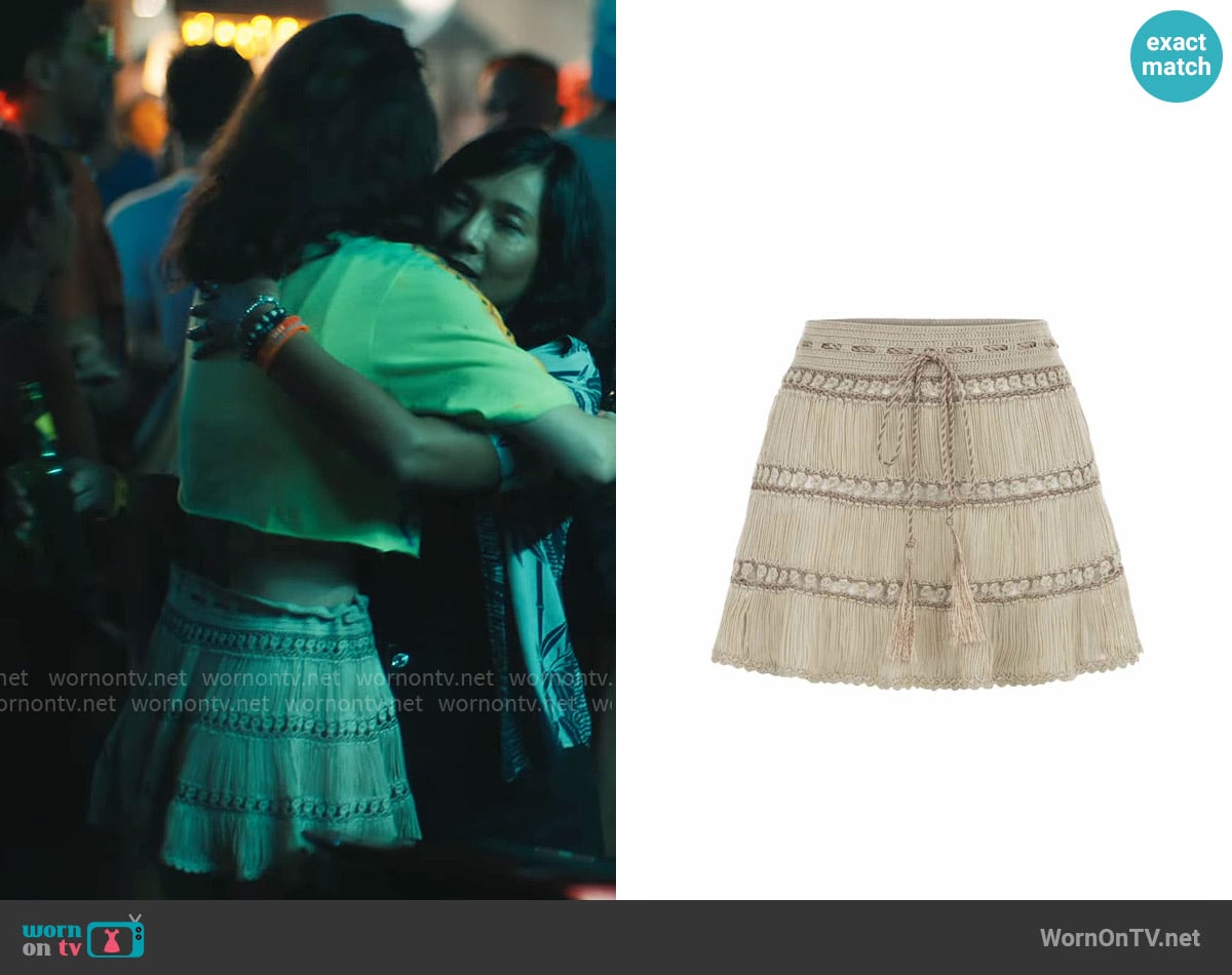 My Beachy Side Bonbon Hand-Crochet Mini Skirt worn by Chloe (Charlotte Le Bon) on The White Lotus