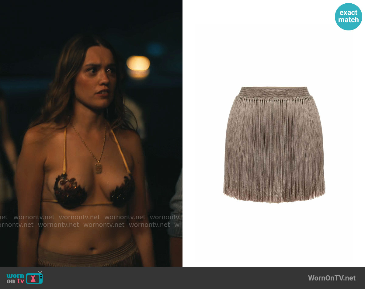 My Beachy Side Meringue Hand-Crochet Fringed Mini Skirt worn by Chelsea (Aimee Lou Wood) on The White Lotus