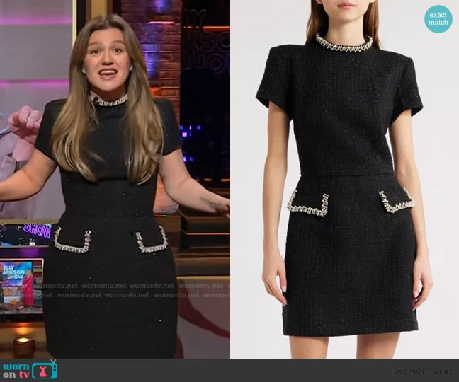 Nadine Merabi Simone Embellished Trim Shimmer Tweed Minidress worn by Kelly Clarkson on The Kelly Clarkson Show