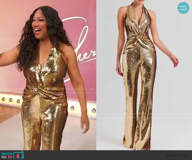 Nadine Merabi Tianna Sequin Halter Flare Jumpsuit worn by Garcelle Beauvais on Sherri
