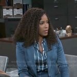 Naomi’s teal blue suit and striped button down blouse on Beyond the Gates