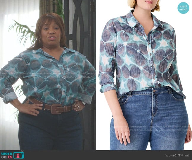 NIC+ZOE Ethereal Season Blouse in Aqua Multi worn by Miranda Bailey (Chandra Wilson) on Greys Anatomy