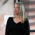 Nina’s black metallic belted jacket and skirt set on General Hospital