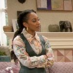 Nina’s green leather mini dress and printed blouse on Poppas House