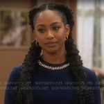 Nina’s navy blue sweater with embellished neckline on Poppas House