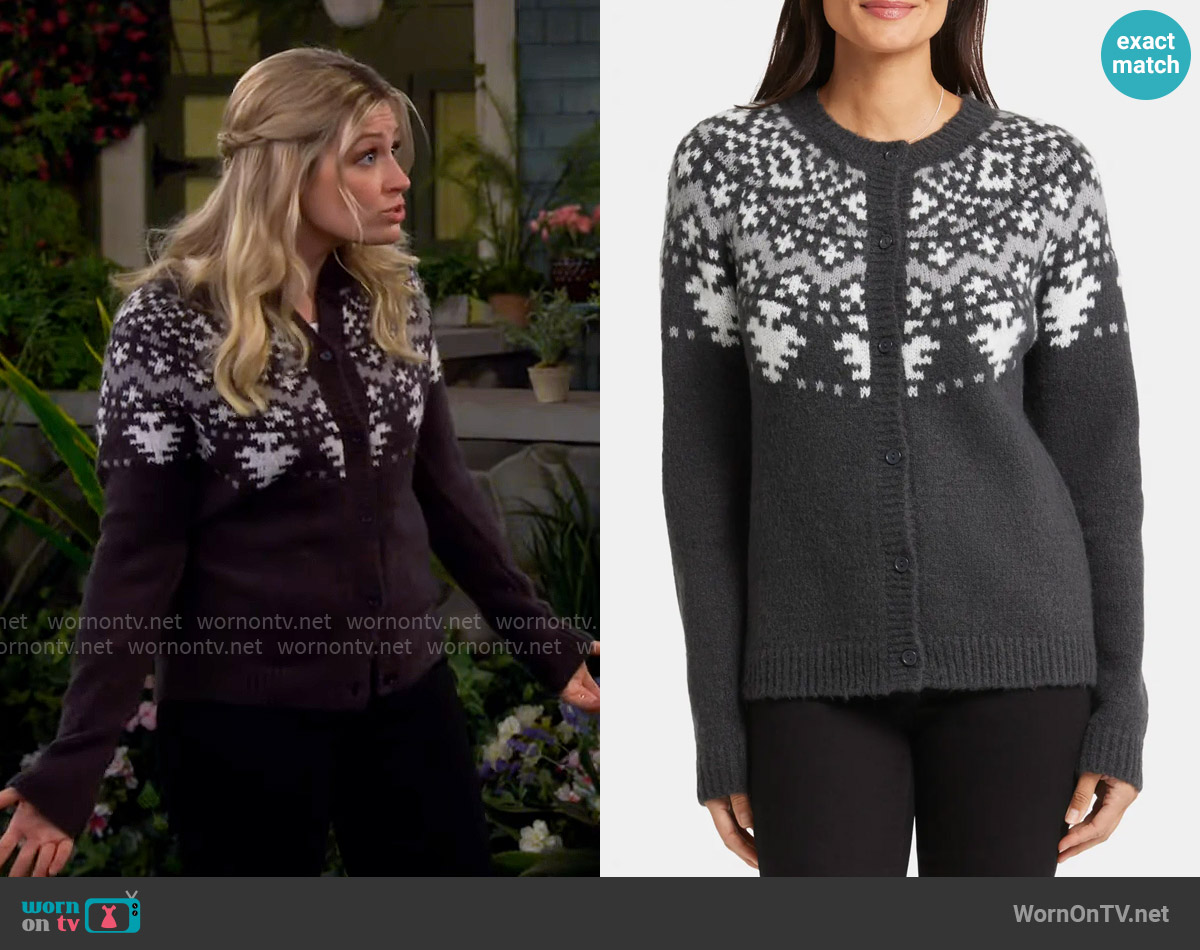 NYDJ Winter Fair Isle Cardigan in Charcoal Heathered worn by Gemma (Beth Behrs) on The Neighborhood