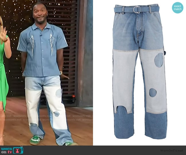 Off-White Meteor Cutout Patch Straight Carpenter Jeans worn by Scott Evans on Access Hollywood