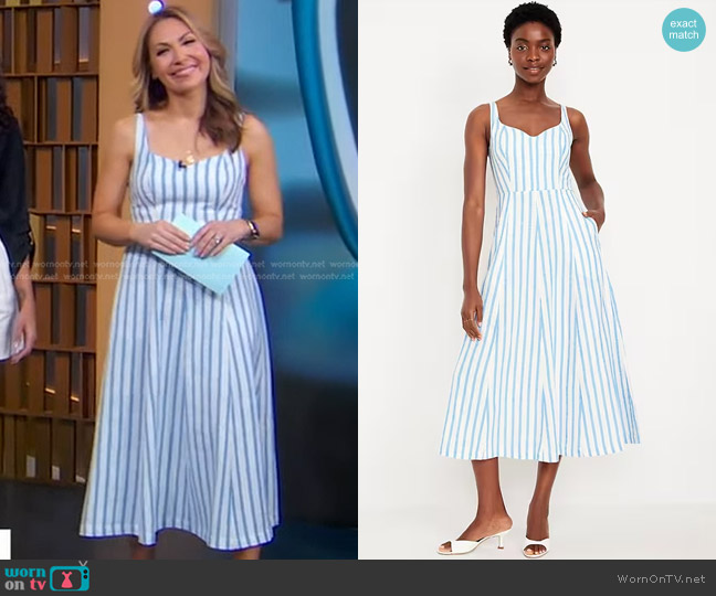 Old Navy Fit & Flare Linen-Blend Midi Dress in white & blue stripe worn by Lori Bergamotto on Good Morning America