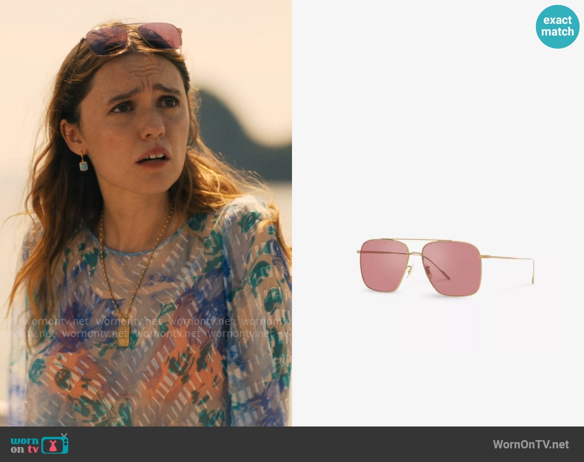Oliver Peoples Dresner Frames in Gold / Magenta Photochromic worn by Chelsea (Aimee Lou Wood) on The White Lotus
