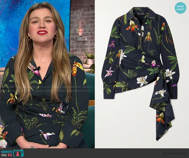 Oscar de la Renta Orchid Draped Shirt worn by Kelly Clarkson on The Kelly Clarkson Show