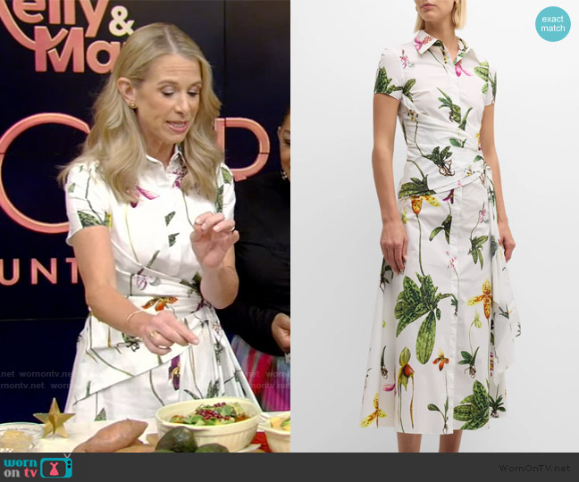 Oscar de la Renta Orchid Print Poplin Midi Dress with Sash Detail worn by Dr. Wendy Bazilian on Live with Kelly and Mark