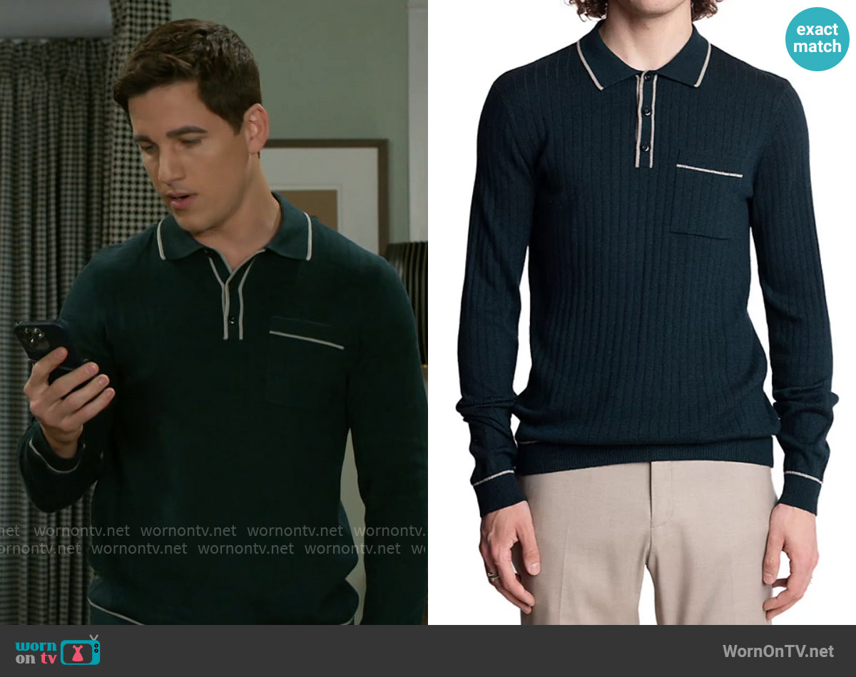 Paisley & Gray Tipped Long-Sleeve Polo Shirt in Forest Green worn by Bradley 'Smitty' Smith (Mike Manning) on Beyond the Gates