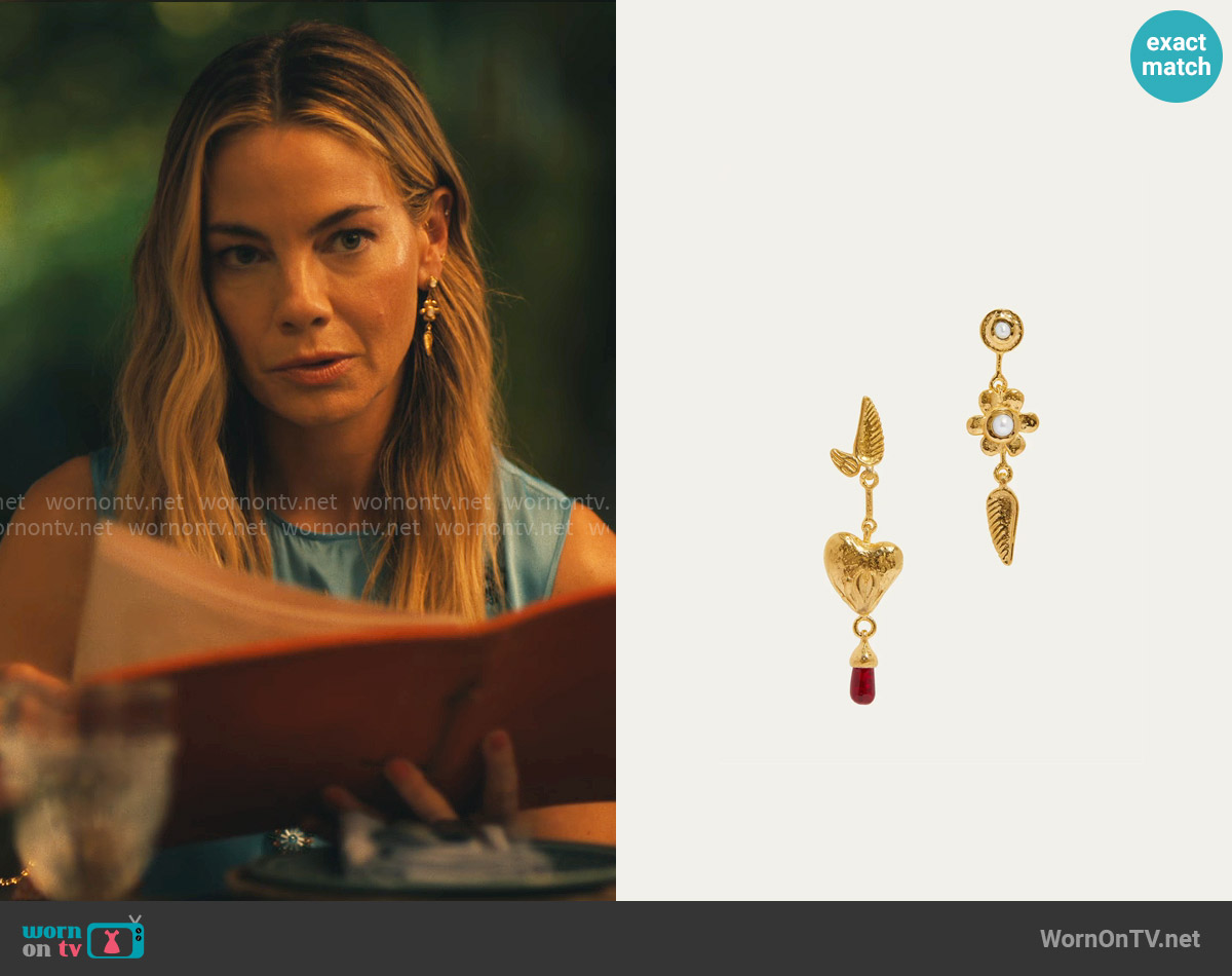 Pamela Love Valentine Mismatched Short Earrings worn by Jaclyn Lemon (Michelle Monaghan) on The White Lotus