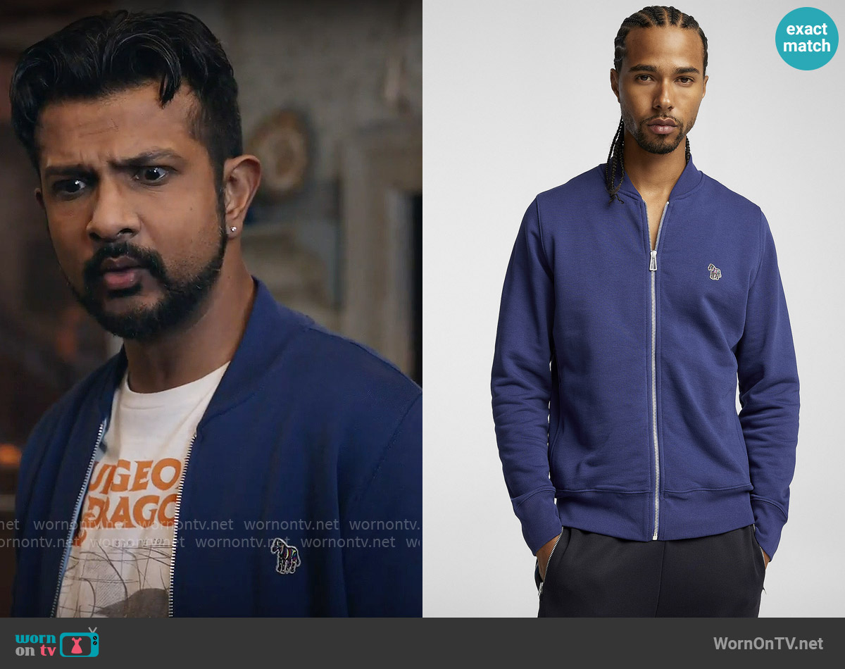 Paul Smith Bomber-style zip-up sweatshirt worn by Jay (Utkarsh Ambudkar) on Ghosts