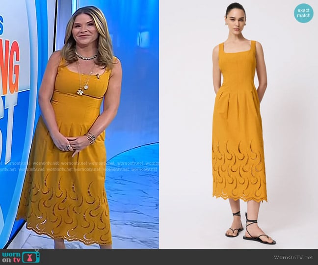 Pearl by Lela Rose Wave Eyelet Midi Dress in Ochre worn by Jenna Bush Hager on Today