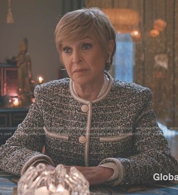 Phyllis’s grey contrast trim tweed jacket on Elsbeth