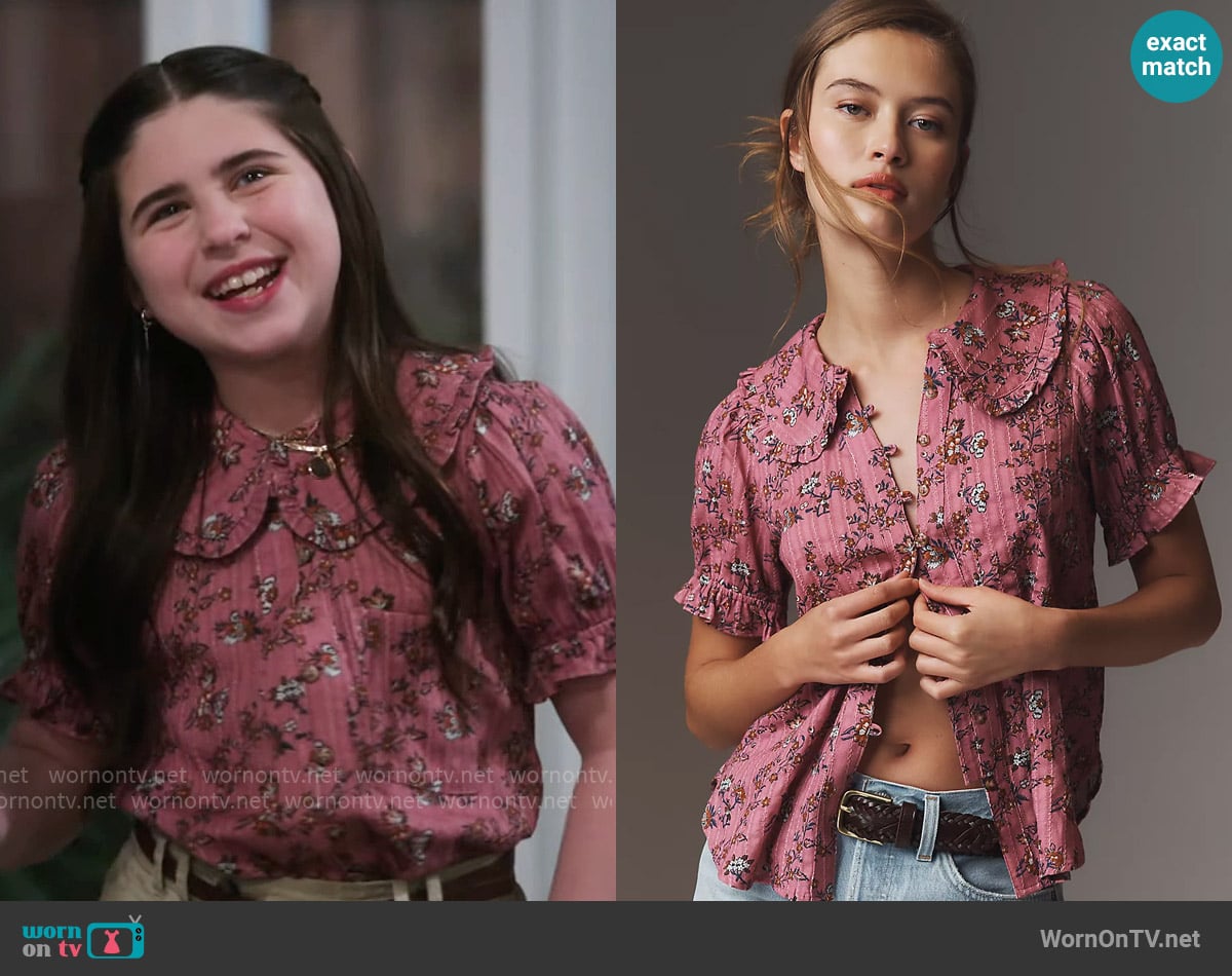 Pilcro The Keira Collared Button-Front Blouse in Pink Pattern worn by Georgia (Barrett Margolis) on Shifting Gears