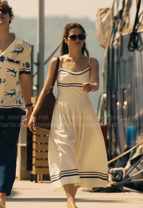 Piper’s white stripe trim dress on The White Lotus