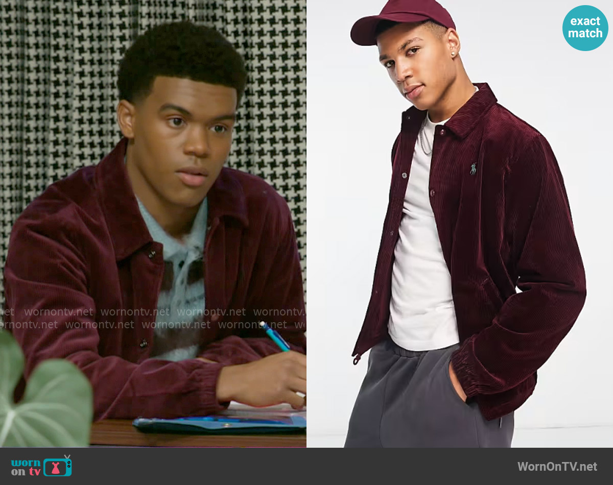 Polo Ralph Lauren Cord Coach Jacket in Burgundy worn by Tyrell Richardson (Jaden Lucas Miller) on Beyond the Gates