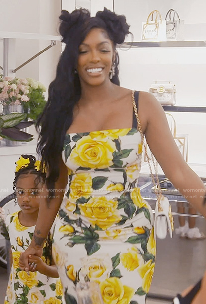 Porsha’s yellow rose print sleeveless dress on The Real Housewives of Atlanta