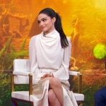 Rachel Zegler’s white draped neck top and satin maxi skirt on Good Morning America