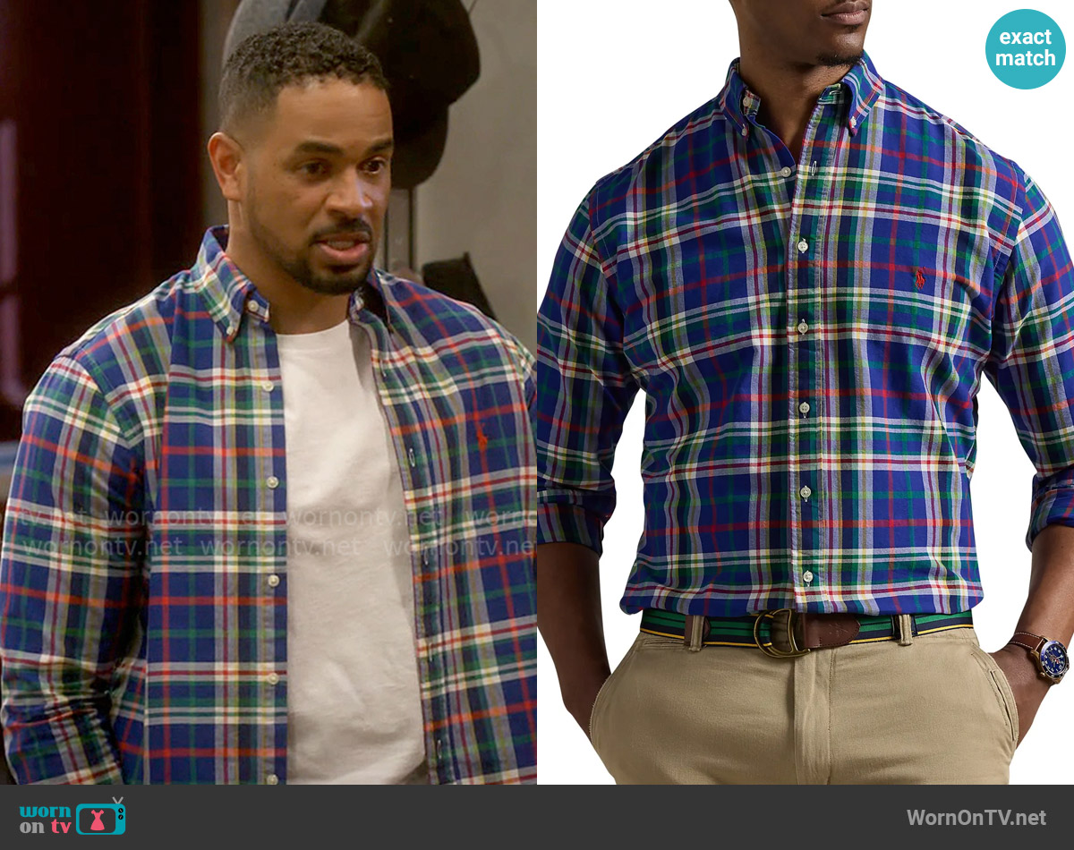 Polo Ralph Lauren Plaid Oxford Sport Shirt in Royal White Multi worn by Damon (Damon Wayans Jr.) on Poppas House