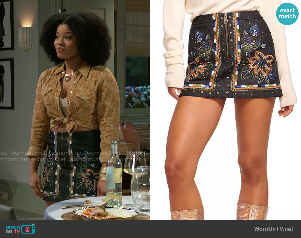 Ramy Brook Gunnar Embroidered Mini Skirt worn by Eva Thomas (Ambyr Michelle) on Beyond the Gates