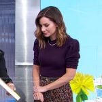 Rebecca’s purple puff sleeve sweater and print skirt on Good Morning America
