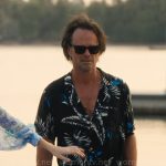 Rick’s black and blue leaf print shirt on The White Lotus